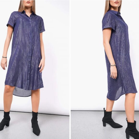 Wildfang Dresses & Skirts - Wild Fang Empower Shirt Dress Navy Lurex Stripe Short Sleeve Collar Xlarge